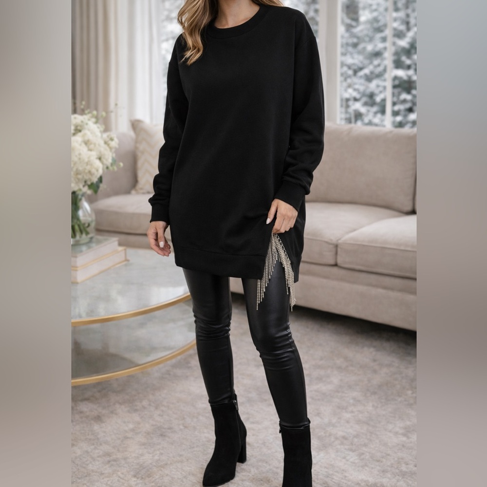 Black Oversized Sweater with Rhinestone Fringe – Winter Statement Piece
